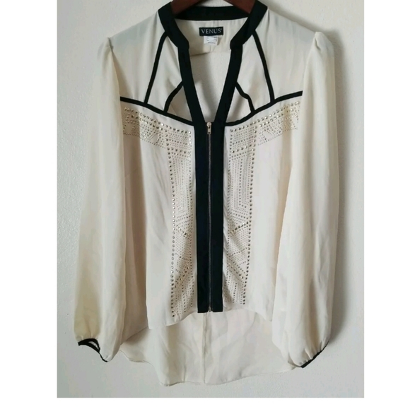 VENUS Ivory Black Gold Studs Full Zipper Down Long‎ Sleeve Cutout Blouse Size M - Picture 8 of 8